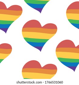 Seamless pattern with rainbow hearts. LGBT pride or rainbow flag with a heart pattern. Gay flag colored illustration. Fashionable stylish texture. For print and textile, wallpaper, wrapping paper.