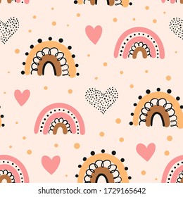 Seamless pattern with rainbow, hearts  in the sky.  Creative kids hand drawn texture for fabric, wrapping, textile, wallpaper, apparel. Vector illustration