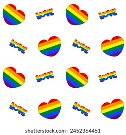 Seamless pattern of Rainbow Hearts and the rainbow word "Love" on a clear background. Wrapper for Pride Month. Abstract background for Pride Month. Vector illustration.