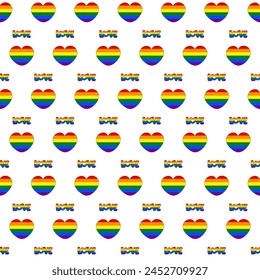 Seamless pattern with Rainbow Hearts and word "Love" on a white background. Abstract seamless backdrop for Pride Month. Wrapper for Pride Month. Vector illustration