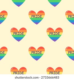 Seamless pattern with rainbow hearts and the word Pride on a soft pastel background. Hand drawn vector illustration.