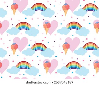 Seamless pattern with rainbow, ice cream, clouds and hearts.