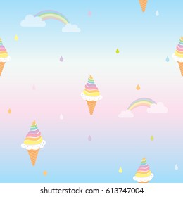 Seamless pattern of rainbow ice-cream decorated with raining creamy background.