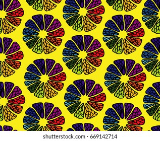 Seamless pattern with rainbow lemon slice. Hand drawn