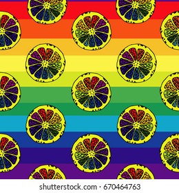 Seamless pattern with rainbow lemon slice on multicolored striped background 