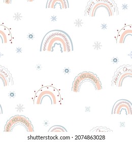Seamless pattern with a rainbow and lettering in boho or scandinavian style. Christmas items with winter elements and holiday wishes. Winter vector illustration on white background.