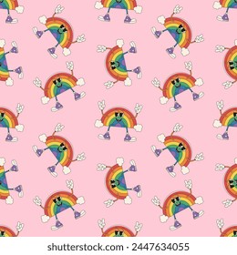 Seamless pattern. Rainbow of lgbt colors in trendy retro groovy style with clouds.