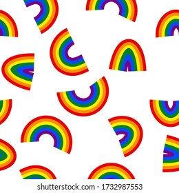 Patrón sin foco con arco iris. Iconos LGBT. Bandera LGBT. Ilustración vectorial colorida. El amor gana. Símbolos del logotipo. Colección del orgullo gay. Diseño para banner, volante, textil, tela, embalaje, sitio web.