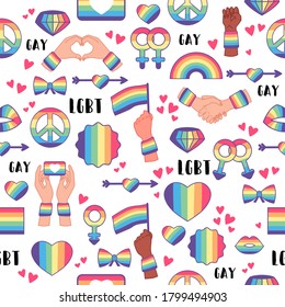 Seamless pattern with rainbow LGBT rights symbols. Design element for Valentines cards or etc. LGBT and love theme. Gay parade background