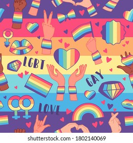 Seamless pattern with rainbow LGBT rights symbols. Design element for Valentines cards or etc. LGBT and love theme. Gay parade background