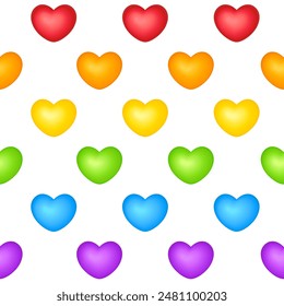 Seamless pattern of rainbow love hearts for decoration in LGBT colors - red, orange, yellow, green, blue and purple. Set of isolated vector design elements