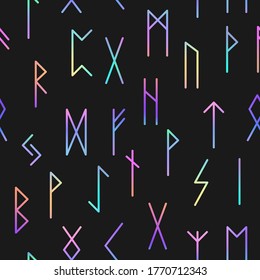 Seamless pattern with rainbow magic rune symbols on a black background, witch ornament