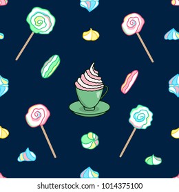 Seamless pattern of rainbow meringues and cocoa vector illustration 