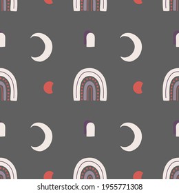 Seamless pattern with rainbow and moon. Mid century, modern boho style. For prints, backgrounds, wrapping paper, textile, wallpaper, etc.