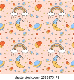 Seamless pattern with rainbow moon moon planet vector