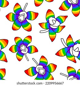 Seamless pattern with rainbow orchid flowers. Vector modern flat illustration isolated on white background.