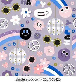 Seamless pattern with rainbow, peace sign and flowers. Vector hand drawn illustration. 