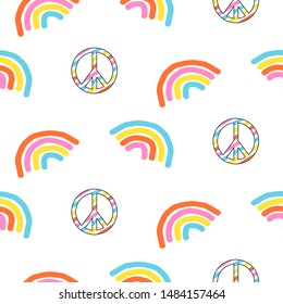 Seamless pattern with rainbow and peace symbol. Fun colorful hippie peace and love repeat texture print.