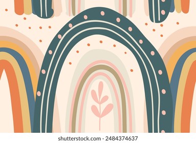 Seamless pattern of rainbow, plant elements, flowers, leaves. Cute elements in Memphis boho style. Hand drawing in Scandinavian style.