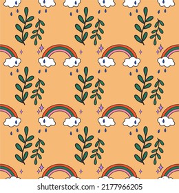 Patrón sin foco con arcoiris y plantas. Moderno y groovy fondo hippie abstracto y brillante. Ilustración vectorial, diseño plano, dibujos animados.
