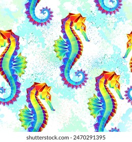 Seamless pattern of rainbow, polygonal, artistically painted seahorses on white background with patches of blue paint. Rainbow seahorse.