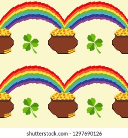Seamless pattern. Rainbow, pot of gold and clover leaf. St.Patrick 's Day. Pixel art. Vector illustration.