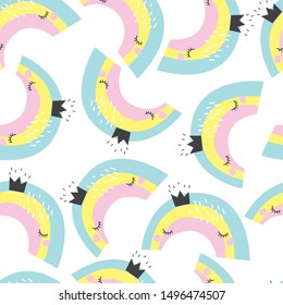 Seamless pattern with rainbow Princess. Vector illustration for printing on fabric, Wallpaper, dishes, postcard, picture, bed linen. Cute baby background.