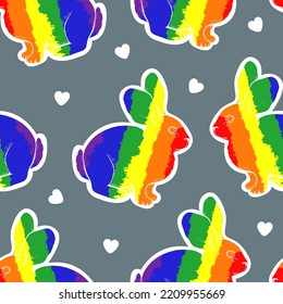 Seamless pattern with rainbow rabbits. Vector modern flat illustration. LGBT flag.