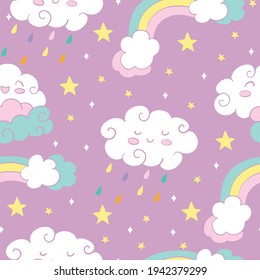 Seamless pattern with rainbow rain clouds and stars on pink background. Vector illustration for party, print, baby shower, wallpaper, design, decor, linen, dishes, bed linen and kids apparel