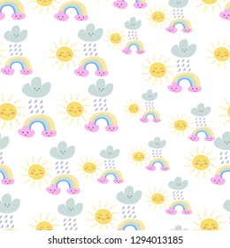 Seamless pattern with rainbow, rain , sun and cute clouds