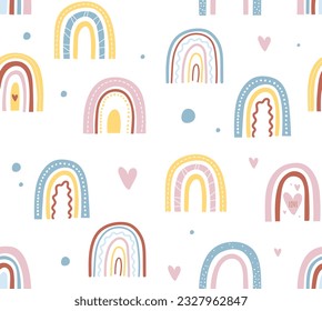 Seamless pattern with rainbow. Repeating design element for printing on fabric. Aesthetics and elegance. Dream, imagination and fantasy. Art in scandinavian style. Cartoon flat vector illustration