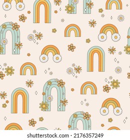 Seamless pattern with rainbow in retro style 70s. Background with colorful flowers in vintage style. Illustration with positive symbol for wallpaper, fabric, textiles. Vector