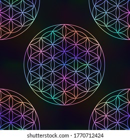 Seamless pattern with rainbow sign of the Flower of Life on a black background