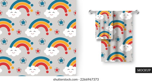 Seamless pattern with rainbow and star. Childish background with cartoon rainbows. Vector illustration in flat style. Design for textile, paper, fabric. Mockup.