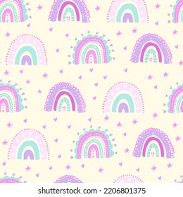 Seamless pattern with rainbow, star, hearts. Background for kids, textile, fabric, stationery, clothes and other designs.