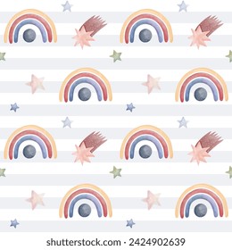 Seamless pattern with rainbow stars clouds. Cute childish wallpaper. Watercolor background in pastel colors