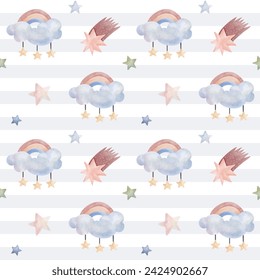 Seamless pattern with rainbow stars clouds. Cute childish wallpaper. Watercolor background in pastel colors