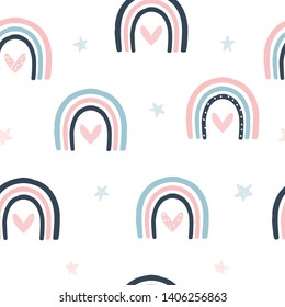 Seamless pattern with rainbow and stars. Cute fashion kids print. Vector hand drawn illustration.