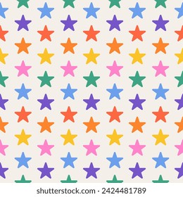 Seamless pattern of rainbow stars. Multicolor print. LGBTQ colors. Abstract geometric pattern. Vector illustration. LGBT flag. Vector for fabric, wallpaper, wrapping paper, textiles.