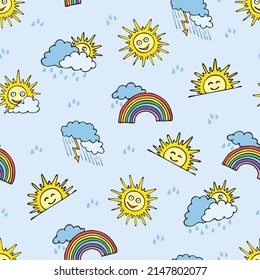 Seamless pattern with rainbow, sun, clouds, rain and lightning in cartoon style. Creative childish texture for fabric, wrapping, textile, wallpaper, clothes. Vector illustration