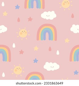 seamless pattern with rainbow and sun on a pink background. Illustration for children's room design, Wallpaper, textiles, fabric, packaging paper. Vector