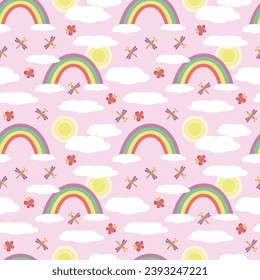 Seamless pattern of rainbow and sun in the sky in the clouds with butterflies and dragonflies. Fairytale children's lilac background, vector cartoon illustration for wallpaper, packaging, textile