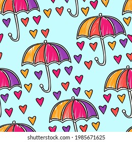 Seamless pattern with rainbow umbrellas and hearts. Hand drawn vector illustration. Flat color design.
