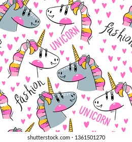 Seamless pattern with Rainbow Unicorn heads. Fashion kawaii animals. Vector illustration.