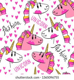Seamless pattern with Rainbow Unicorn heads. Fashion kawaii animals. Vector illustration.