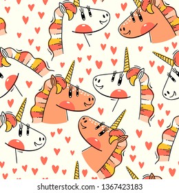Seamless pattern with Rainbow Unicorn heads. Fashion kawaii animals. Vector illustration.