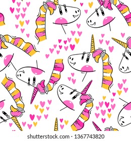 Seamless pattern with Rainbow Unicorn heads. Fashion kawaii animals. Vector illustration.