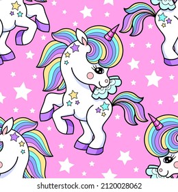 Seamless pattern with rainbow unicorn pony. For children's design of fabric, wallpaper, wrapping, paper, backgrounds and so on. Vector