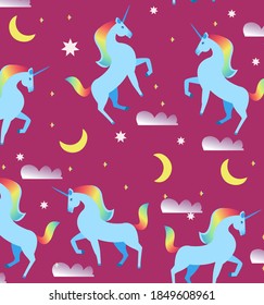 Patrón sin foco de unicornio arco iris con estrellas, luna y nubes sobre fondo rosa
