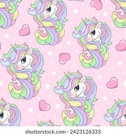 Seamless pattern with rainbow unicorns and hearts on a pink background. For children's fabric design, wallpaper, backgrounds, wrapping paper, prints, etc. Vector